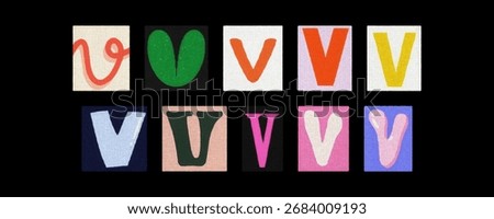Assorted letter V typography styles, paper cutouts on black
