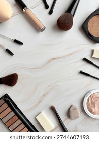 Assorted Makeup And Beauty Tools Flat Lay On Light Marble Surface