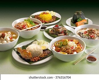 Assorted Malaysian Favourite Foods - Asam Laksa, Banmian (handmade Noodles), Curry Laksa, Fishball Noodles, Nasi Briyani, Nasi Lemak, Otak Otak (nyonya Fish Cake), Yam Cake