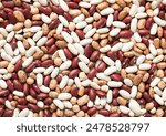 Assorted mix of red and white and variegated bean seeds with chickpeas textured background.