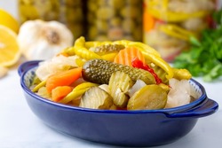 Assorted Mixed Pickled Vegetables In Bowl - Plate, Turkish Name; Tursu.
