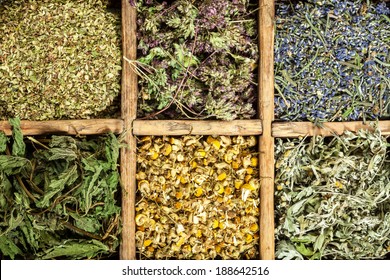 Assorted natural medical  dried herbs.