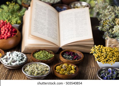 Assorted Natural Medical Herbs, Open Book And Mortar.