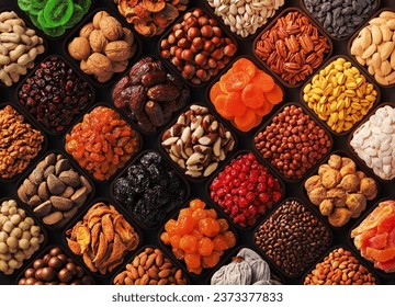 assorted nuts and dried fruits, colorful food background. - Shutterstock ID 2373377833