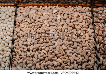 Assorted nuts including cashews, hazelnuts, and macadamia nuts are neatly arranged in clear containers at a market, showcasing a variety of textures and colors