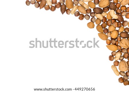 Assorted nuts isolated on white background with place for text. Adverisement, flyer, document template. Natural foods, vegan supplement, healthy fat source. Almonds, walnuts, hazelnuts.
