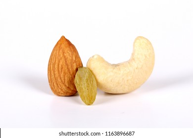 Assorted Nuts On White, Dry Fruits, Mix Nuts, Almond, Cashew, Raisins