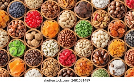 assorted nuts and seeds, dried fruit with berries. collage healthy food background.
