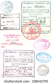 Assorted passport stamps and visa's from Sydney Australia, Larnaca Cyprus, visa s issued in Los Angeles and San Francisco,