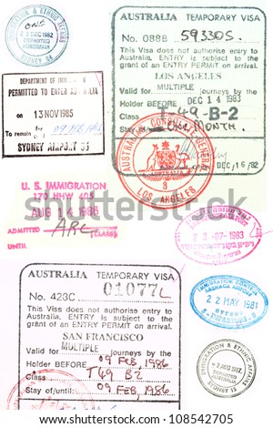 Assorted passport stamps and visa's from Sydney Australia, Larnaca Cyprus, visa s issued in Los Angeles and San Francisco,