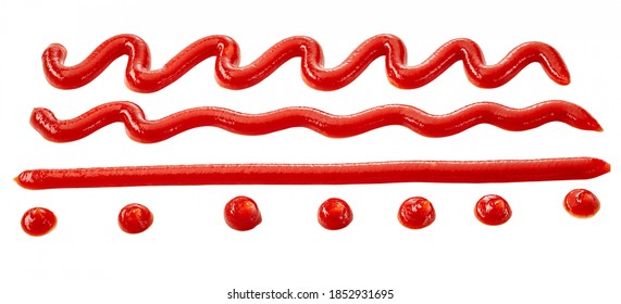 Assorted patterns of tomato ketchup drizzles on white with dots, straight line, wavy lines and zigzag