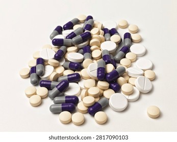 Assorted Pharmaceutical Pills Tablets and Capsules Isolated on White Background Medication Collection for Healthcare Treatment and Pharmacy. 