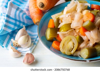 Assorted Pickled Vegetables In Bowl - Plate, Turkish Name; Tursu.