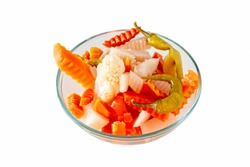 Assorted Pickles Vegetables Carrot, Chili, Cauliflower In Glass Bowl. Top View. Isolated. Copy Space.