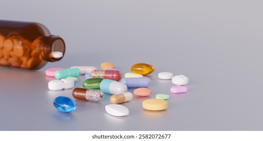 Assorted pills and capsules spills from a brown glass container lying on grey background.