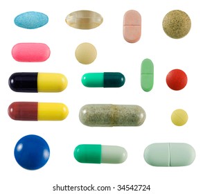 Assorted prescription medicines, all logos and trademarks removed, isolated on white background