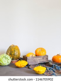 Assorted pumpkins and squashes on rustic wooden boards with an shinning autumn backdrop