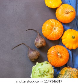 Assorted pumpkins and squashes on rustic wooden boards with an shinning autumn backdrop