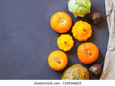 Assorted pumpkins and squashes on rustic wooden boards with an shinning autumn backdrop