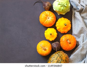 Assorted pumpkins and squashes on rustic wooden boards with an shinning autumn backdrop