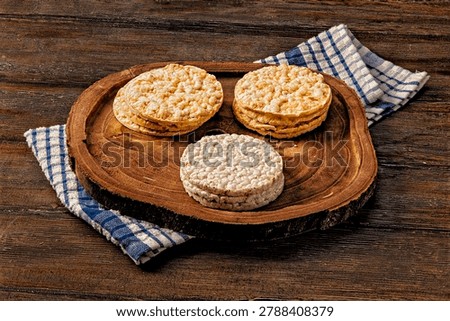 Assorted rice cakes on rustic wooden background healthy gluten free snack