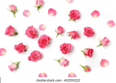 Assorted roses heads. Various soft roses and leaves scattered on a white background, overhead view. Flat lay - Powered by Shutterstock