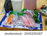 Assorted sashimi.
Local Splendid alfonsino (Beryx splendens), Yellowfin tuna (Thunnus albacares), Red Sea Bream (Pagrus major), Horse Mackerel (Trachurus japonicus), etc.
A guest house in Minami-Izu.
