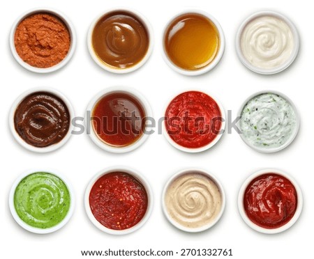 Assorted sauces in ramekin top view set and collection isolated on white background. BBQ sauce, garlic sauce, mayonnaise, guacamole, ketchup, salsa, ranch, mustard, buffalo. Dips set assorted set.