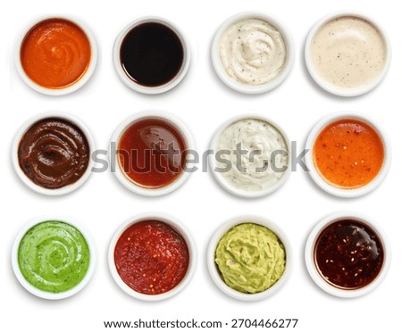 Assorted sauces in ramekin top view set and collection isolated on white background. BBQ sauce, garlic sauce, mayonnaise, guacamole, ketchup, salsa, ranch, mustard, buffalo. Dips set assorted set.