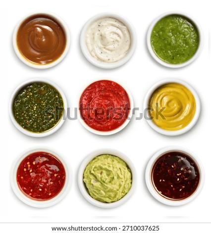 Assorted sauces in ramekin top view set and collection isolated on white background. BBQ sauce, garlic sauce, mayonnaise, guacamole, ketchup, salsa, ranch, mustard, buffalo. Dips set assorted set.