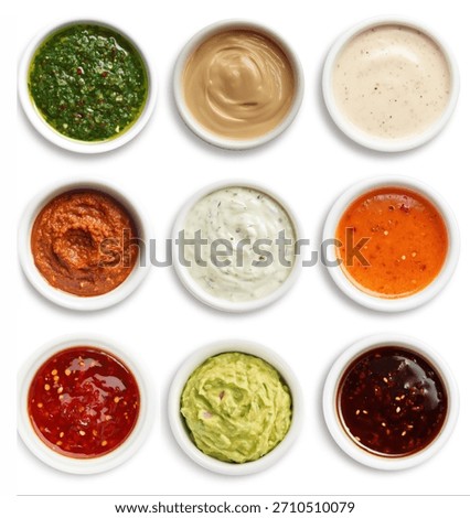 Assorted sauces in ramekin top view set and collection isolated on white background. BBQ sauce, garlic sauce, mayonnaise, guacamole, ketchup, salsa, ranch, mustard, buffalo. Dips set assorted set.