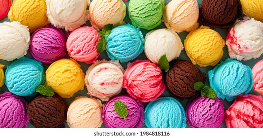 Assorted of scoops ice cream. Colorful set of ice cream of different flavours. Top view of ice cream isolated with mint, sauce