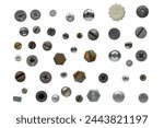 Assorted screws and bolts collection top view. Overhead view of various screws and bolt heads isolated on a white background.