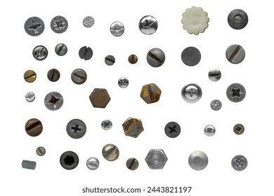 Assorted screws and bolts collection top view. Overhead view of various screws and bolt heads isolated on a white background.