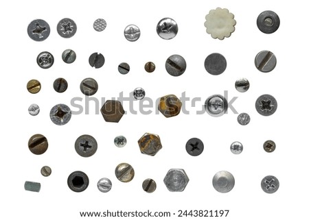 Assorted screws and bolts collection top view. Overhead view of various screws and bolt heads isolated on a white background.