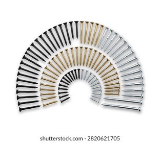 Assorted screws of various sizes and types arranged in a semi-circle on white background