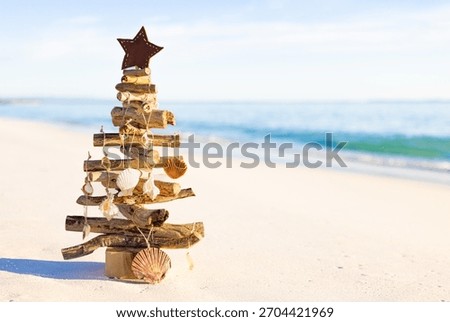 Assorted sea shells dangle from a rustic driftwood Christmas Tree on a beach in summer.