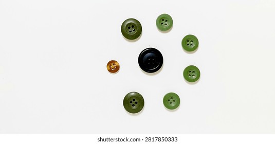 Assorted sewing buttons of different sizes and colors arranged on a clean white background with copy space. Minimal flat lay composition suitable for sewing, tailoring, fashion, DIY craft, textile, and clothing design concepts.