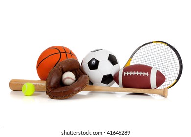 Assorted Sports Equipment Including A Basketball, Soccer Ball, Tennis Ball, Baseball, Bat, Tennis Racket, Football And Baseball Glove On A White Background