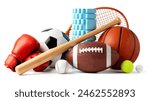 Assorted sports equipment isolated on white background
