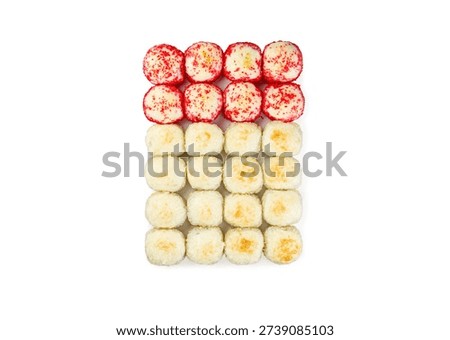 Assorted sushi rolls set with baked and spicy varieties arranged in neat pattern isolated on white background for menu design delivery advertising and restaurant use
