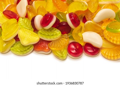 Assorted tasty gummy candies. Top view. 