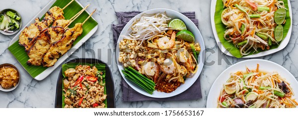 assorted thai food in flat lay composition