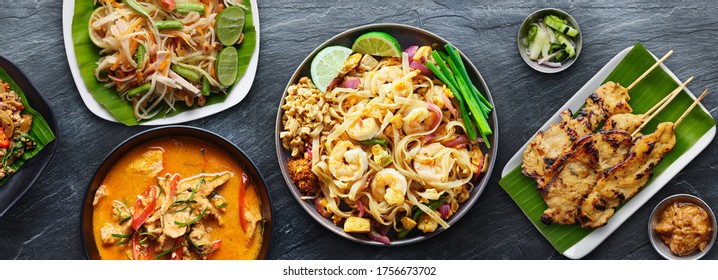 assorted thai food with shrimp pad thai and panang curry - Shutterstock ID 1756673702