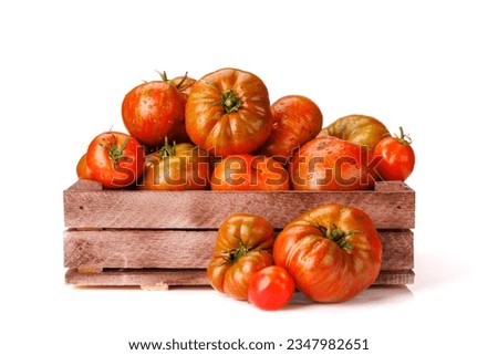 Assorted tomatoes in rustic crate. Isolated on white background