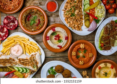 Assorted Turkish Dishes, Hummus, Muhamara, Mutabal, Falafel, Shawarma