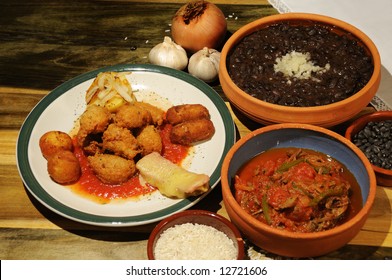 Assorted Typical Cuban Dishes Over Wooded Table