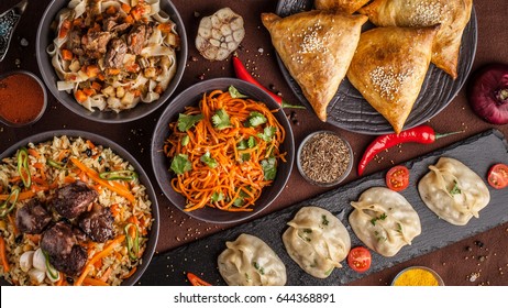 Assorted Uzbek Food Set, Pilaf, Samsa, Lagman, Manta And Korean Carrots, Uzbek Restaurant Concept, Uzbek Food Feast