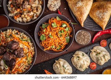 Assorted Uzbek Food Set, Pilaf, Samsa, Lagman, Manta And Korean Carrots, Uzbek Restaurant Concept, Uzbek Food Feast