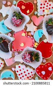 Assorted Valentines Sugar Cookies And Chocolate Covered Strawberries